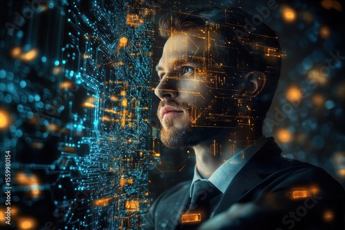 A portrait of a pensive businessman, his form interwoven with digital circuitry, symbolizing the fusion of human ingenuity, A reflective businessmans portrait merged with digital circuitry 