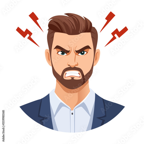Young man angry and raised fist and shout or screaming expression. Man expresses negative emotions and feelings. Flat vector illustration isolated on white background
