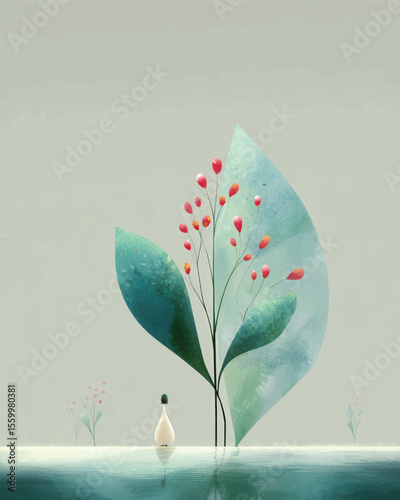 Woman near a water surface facing an abstract botanical illustration