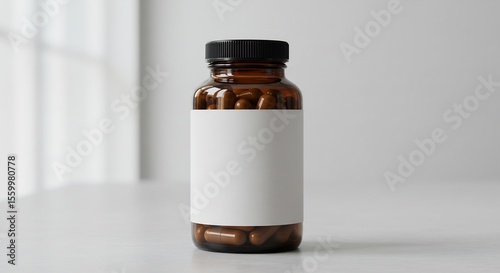 Amber Pill Bottle with Blank Label: Vitamins, Supplements, Healthcare, and Medicine Concept