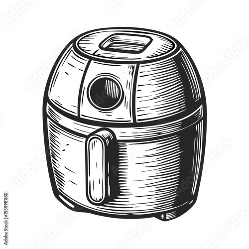 Air fryer appliance kitchen gadget illustration. Detailed air fryer drawing shows cooking appliance design for kitchen use.