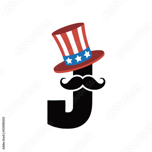 Letter J with Uncle Sam Hat and Mustache Art, Creative illustration of the letter J wearing an Uncle Sam hat and mustache, symbolizing American patriotism, perfect for festive and holiday graphics.

