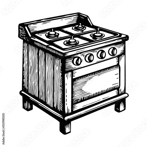 Vintage gas stove with four burners and wooden cabinet. Detailed drawing of antique gas stove perfect for kitchen appliance catalogs.