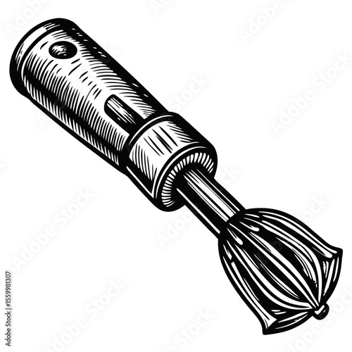 Stylish immersion blender with hand mixer for kitchen appliances.  High-quality immersion blender illustration perfect for culinary blogs and magazines.