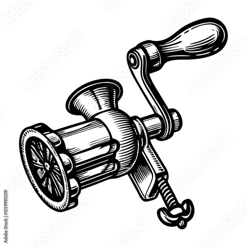 Vintage food processor with hand crank for kitchen. This hand-cranked food processor is perfect for preparing meals.