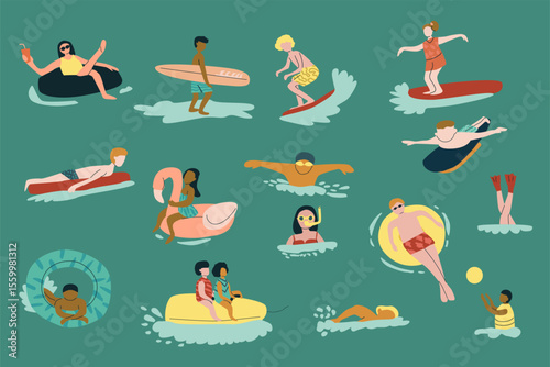 Cheerful people swimming, floating on inflatable rings, and enjoying water sports in pool or sea. Summer vacation flat vector illustration enjoying water activities: surfing, swimming, snorkeling