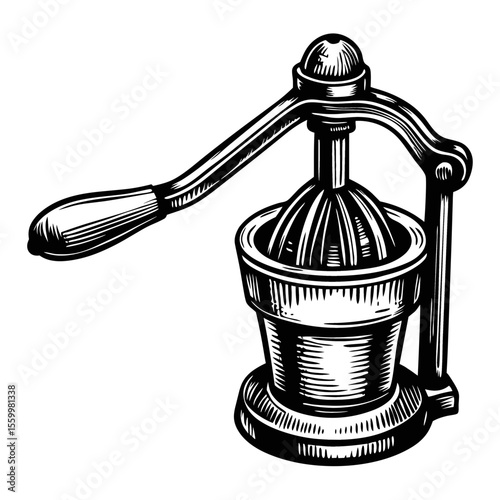 Vintage juicer for citrus fruits, manual press for home kitchen use. This hand-cranked juicer is ideal for making fresh juice.  Perfect image for kitchen appliance catalogs and websites.