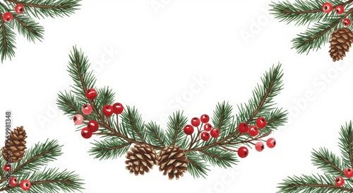 Evergreen Branches and Red Berries Festive Border Watercolor