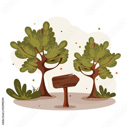 Postcard for design. Warm illustration, autumn, colorful leaves. Autumn seasonal postcard with a pointer and trees.