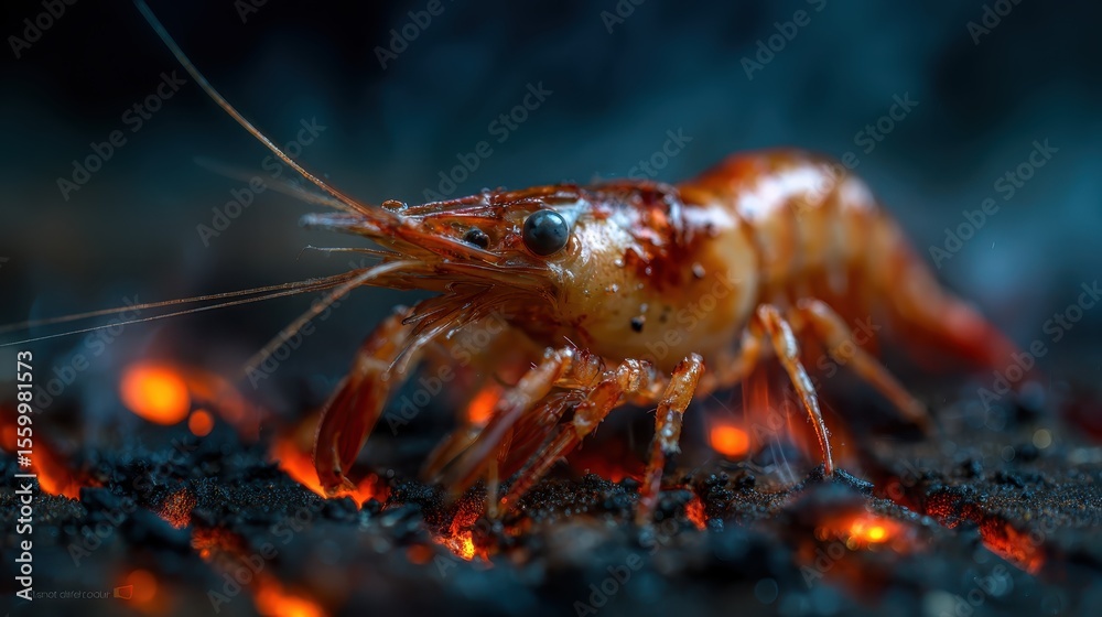 This image shows a shrimp being grilled over glowing charcoal, with smoke rising, representing cooking, flavor, and the delicious taste of grilled seafood in culinary arts. This image shows a shrimp being grilled over glowing charcoal, with smoke rising, representing cooking, flavor, and the delicious taste of grilled seafood in culinary arts.