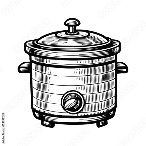 Stylish slow cooker crock pot for kitchen. Slow cooker illustration with classic design elements. This detailed slow cooker image is perfect for kitchen appliance catalogs and recipe books.