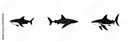 Unique silhouette pictograms of various shark species designed as isolated vector icons for educational and design purposes