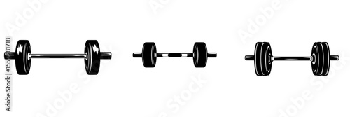 Set of three silhouette pictograms representing different weights and dumbbells for fitness activities