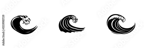 Silhouette pictograms representing dynamic ocean waves in various styles for design and illustration purposes