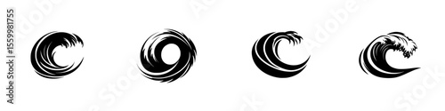 Various wave silhouettes representing different oceanic forms, showcasing fluid motion and energy in a minimalistic style