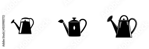Silhouette pictograms of different watering can designs for gardening and outdoor use