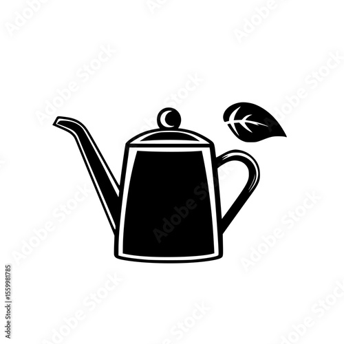 Silhouette pictogram of a watering can alongside a leaf representing gardening and plant care