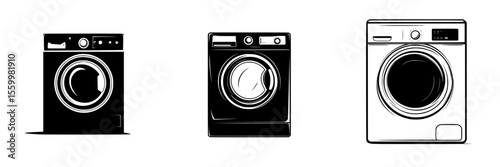 Diverse washing machine silhouettes showcasing modern and classic designs in an isolated vector graphic set