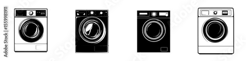 Silhouette pictograms of four different washing machines in isolated design