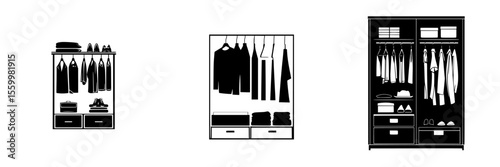 Clothing storage and organization pictograms showcasing various wardrobe designs for efficient space utilization