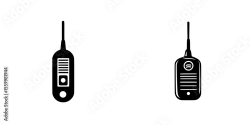Silhouette pictograms of two communication devices showing different designs and features for various uses and functions