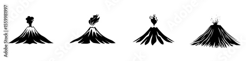 Collection of silhouette pictograms depicting various volcanic activity stages in a minimalist design