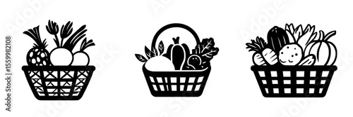 Silhouette pictograms of baskets filled with various fruits and vegetables designed for graphic use and illustration purposes
