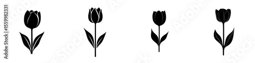Silhouette pictograms of tulips showcasing various stages of bloom in a minimalist style