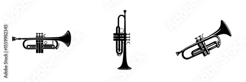 Instruments set featuring silhouettes of trumpets on a clean white background for musical design and education purposes