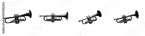 Silhouette pictogram set featuring four isolated trumpet icons in various orientations for artistic and design applications