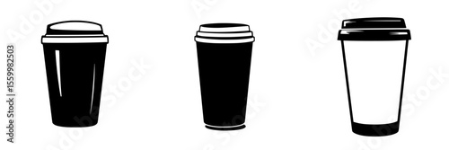Silhouette pictogram set of disposable coffee cups in three different styles for graphic design and illustrative purposes