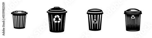 Various silhouette pictograms of trash bins featuring recycling symbols for sustainability concepts