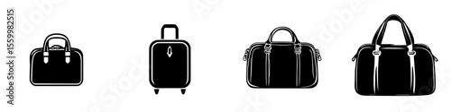 Silhouette pictogram icons set featuring various styles of travel bags and suitcases for easy identification