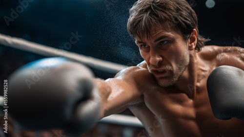 Boxing in the Ring: A close-up captures a determined boxer in action, his face etched with focus as he throws a powerful punch, highlighting the raw intensity and discipline within the sport.
