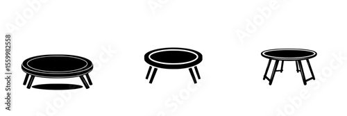 Set of three silhouette pictograms depicting various round tables with different leg styles