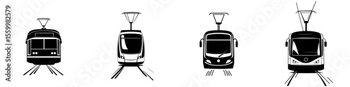 Silhouette pictograms showcasing various types of trams in urban settings with distinctive designs and features