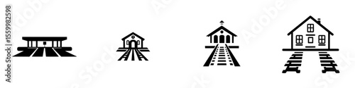 Silhouette pictograms representing various train stations and structures along railway tracks for transport and travel