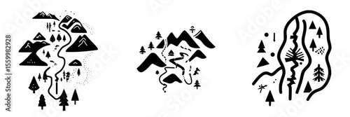 Silhouette pictogram icons representing outdoor landscapes, trails, mountains, and nature illustrations depicting various terrains