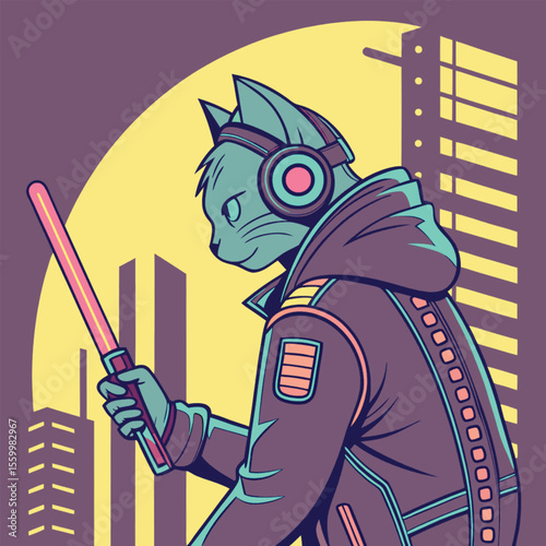 Cartoon cat person in futuristic clothing holding light stick in Cityscape