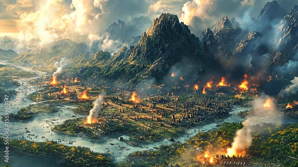 Aerial view of a valley with a city under siege.