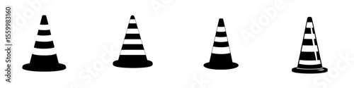 Silhouette pictograms of traffic cones in various configurations representing road safety and construction practices