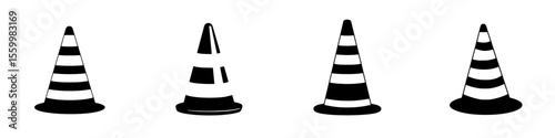 Silhouette pictogram set featuring various traffic cones in a minimalist style suitable for signage or design applications