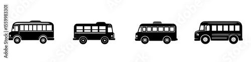 Variety of bus silhouettes depicted as isolated vector icons for transportation themes and graphic design projects