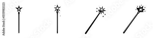 Collection of silhouette pictograms depicting magic wands with sparkling stars and dazzling effects suitable for various creative projects