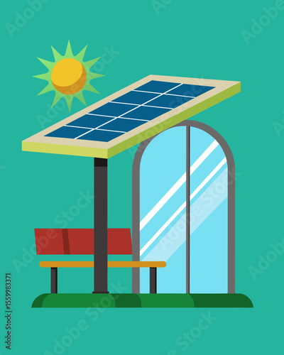 A unique and innovative bus shelter featuring a rotating solar panel on top that adjusts according to the position of the sun for optimal energy absorption.. Vector illustration