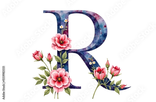 Elegant capital letter R adorned with pink flowers and green leaves in watercolor style on a white background, symbolizing nature and beauty