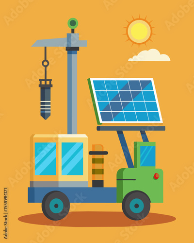 A mobile drill rig equipped with solar panels able to bore deep into the ground for foundation construction without using fossil fuels.. Vector illustration