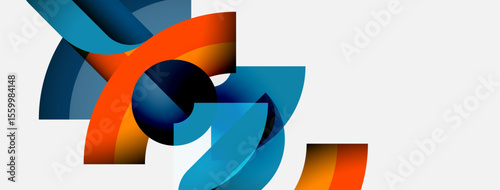 Abstract shapes overlap, creating dynamic composition. Colors blendblues, oranges, blacksforming modern visual experience. Smooth gradients enhance depth.