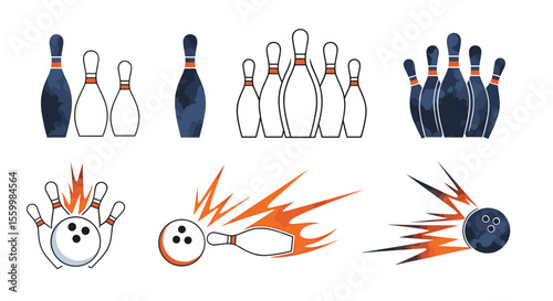 Bowling Pins and Balls Vector Design Elements Set for Sport and Recreation Activities