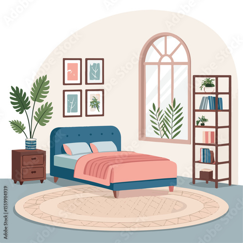 Warm and cozy bedroom with a comfortable bed, soft light lamp, window, bookshelf and indoor plant. Interior concept. Ideal for websites, social media posts, blogs and interior design projects.